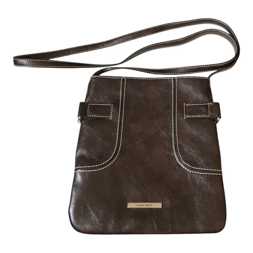 Nine West Brown Zip Close Leather Crossbody Bag Purse 9 x 8"
